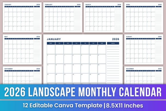 2026 Landscape Monthly Calendar Canva